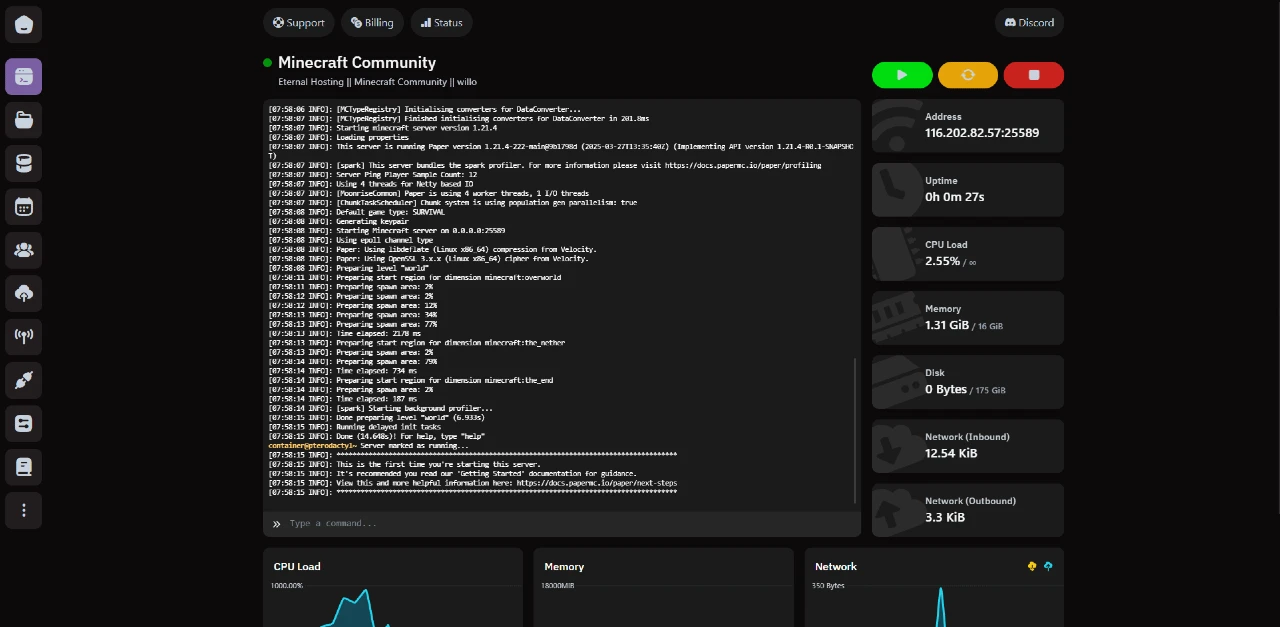 Minecraft Server Console Interface with start button and configuration options